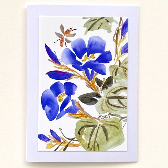 Purple Flowers Bee Art Print 5x7in Blank Greeting Card and Envelope All Occasion - Picture 1 of 4